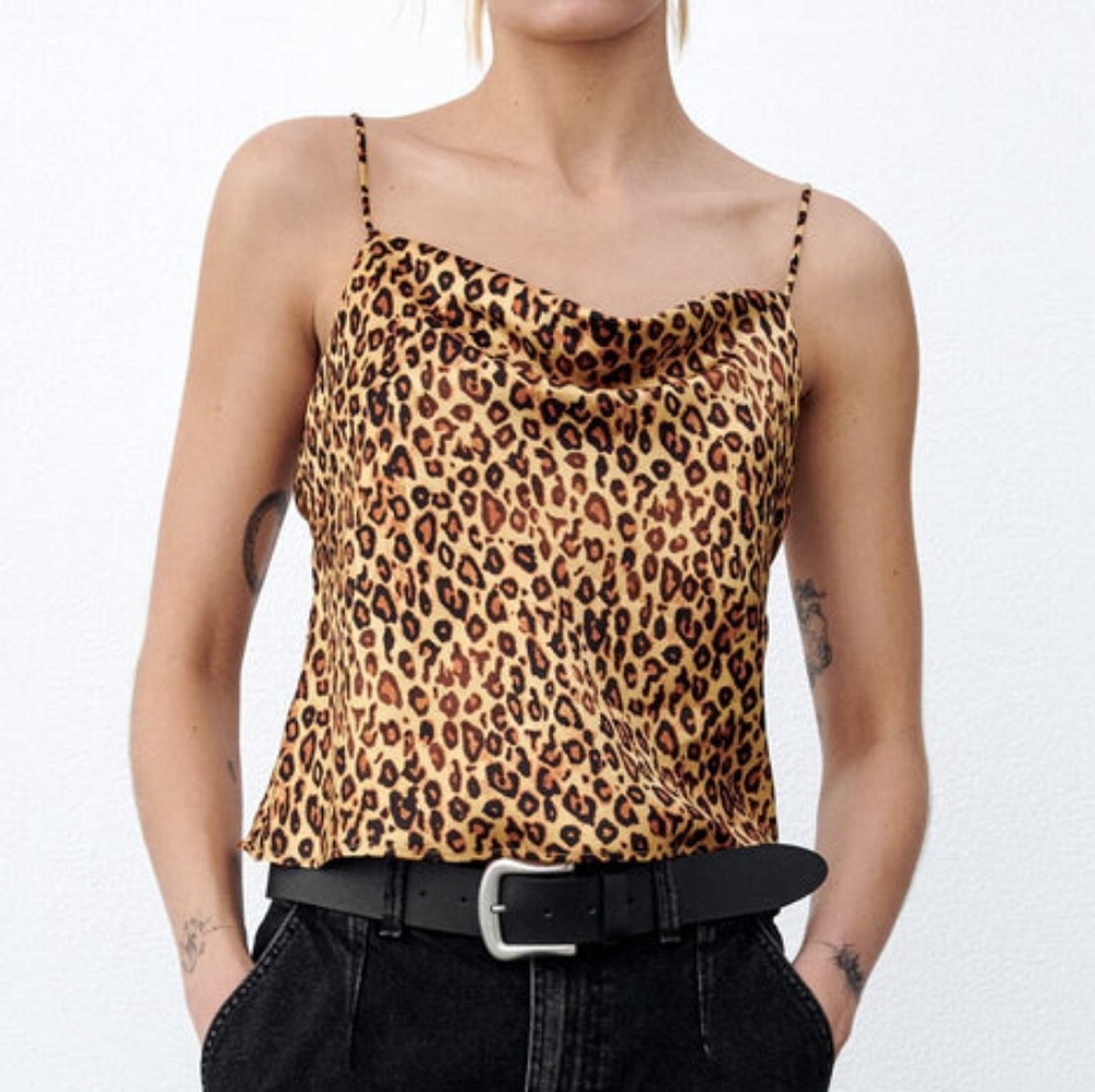ZARA Leopard Print Camisole Top with Gold Chain Strap Size Small